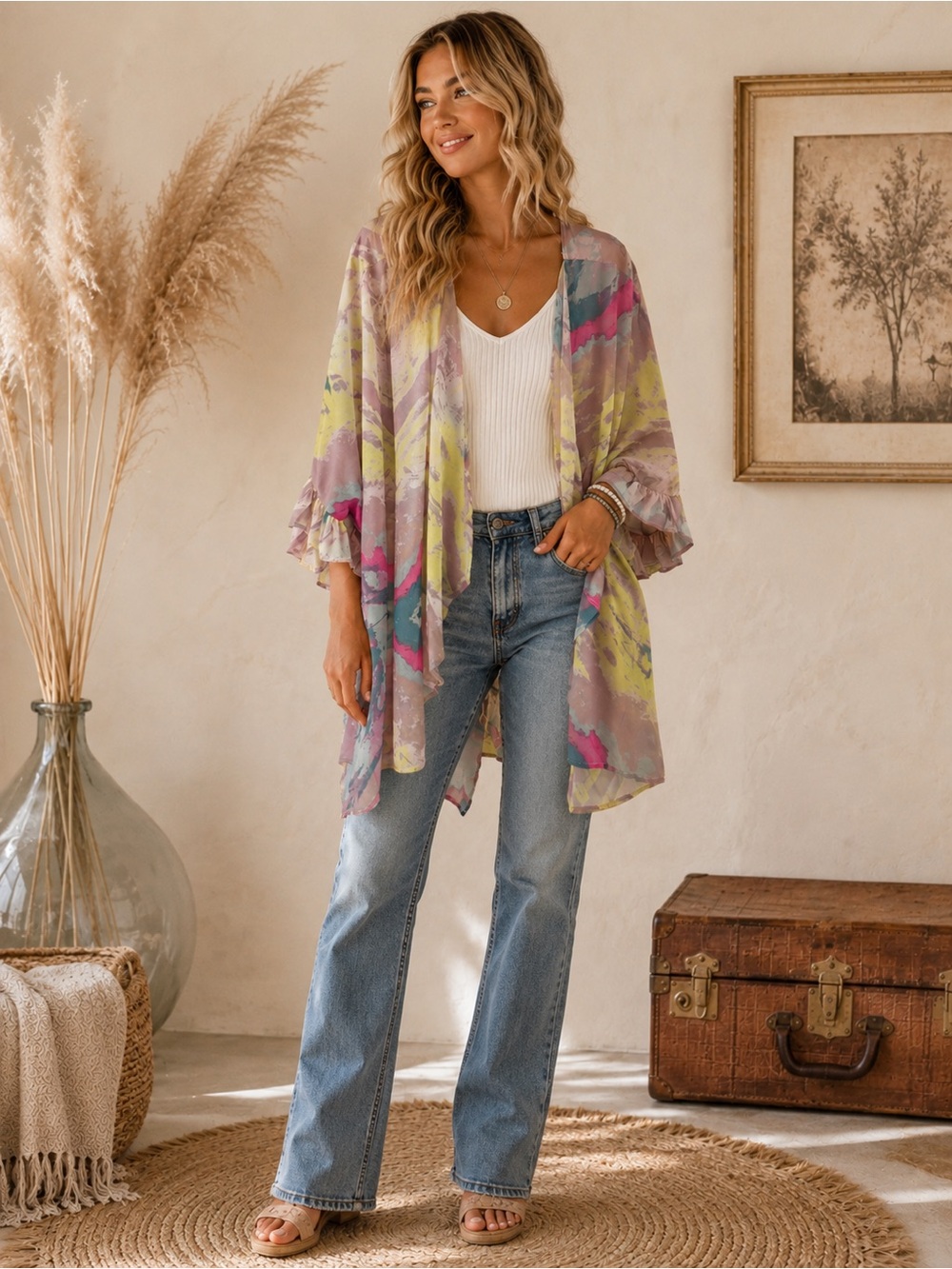 Umgee Sheer Pastel Watercolor Kimono — Lavender, Pink & Yellow